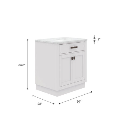 Hartford 30 In. Bath Vanity in White with Marble Vanity Top with White Basin | Water Creation