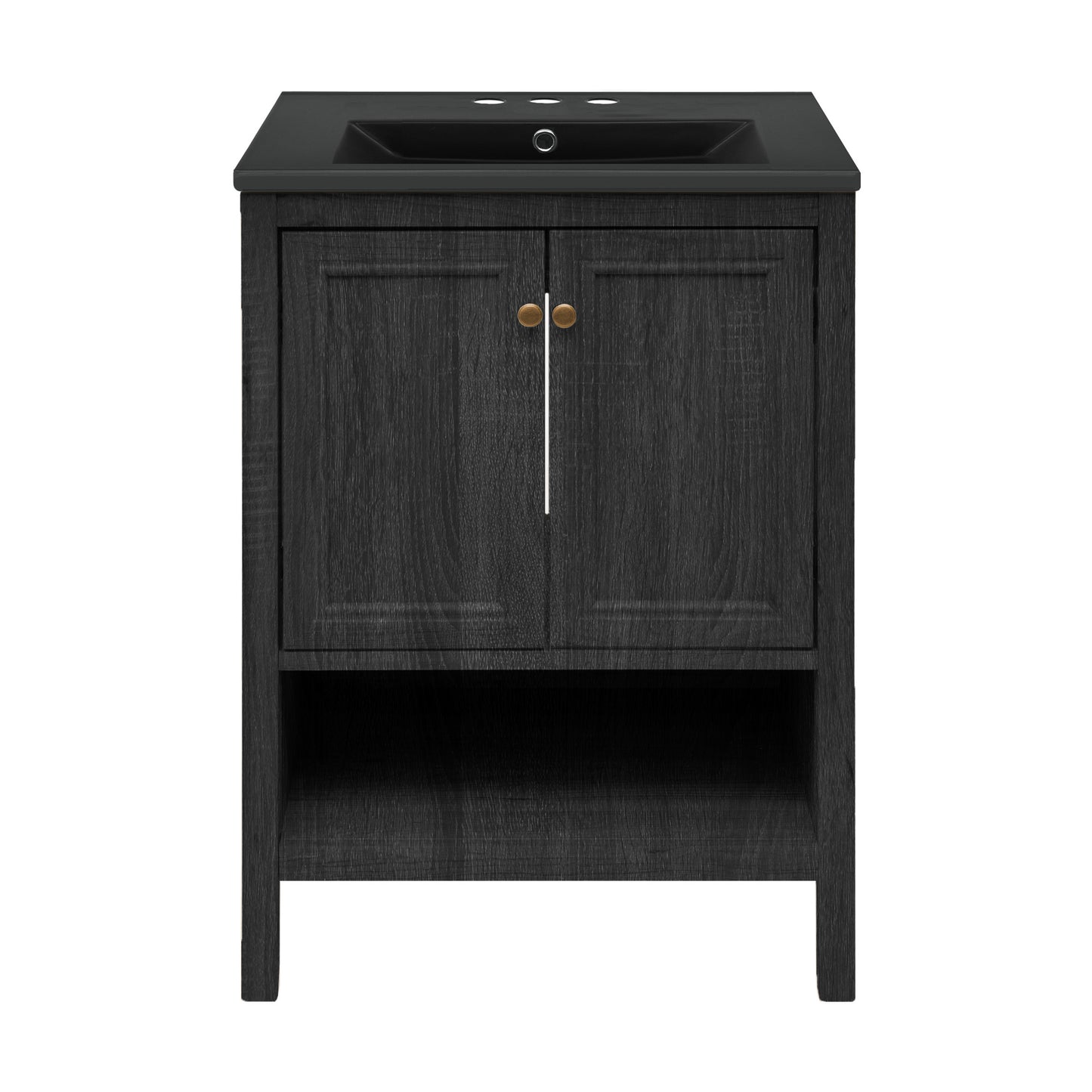 Swiss Madison, Chateau 24" Freestanding Bathroom Vanity in Black Oak with Black 3-Hole Centerset Sink Top
