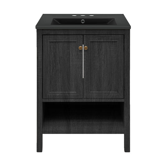 Swiss Madison, Chateau 24" Freestanding Bathroom Vanity in Black Oak with Black 3-Hole Centerset Sink Top
