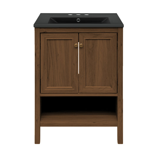 Swiss Madison, Chateau 24" Freestanding Bathroom Vanity in Brown Oak with Black 3-Hole Centerset Sink Top