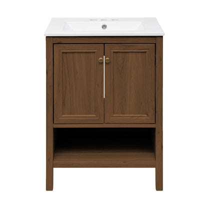 Swiss Madison, Chateau 24" Freestanding Bathroom Vanity in Brown Oak with 3-Hole Centerset Sink Top