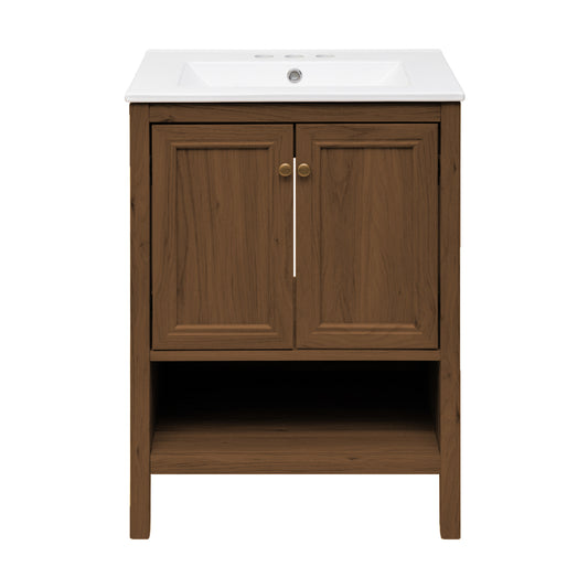 Swiss Madison, Chateau 24" Freestanding Bathroom Vanity in Brown Oak with 3-Hole Centerset Sink Top