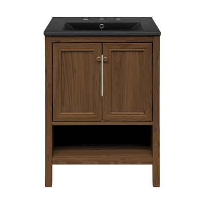 Swiss Madison, Chateau 24" Freestanding Bathroom Vanity in Brown Oak with Black 3-Hole Widespread Sink Top