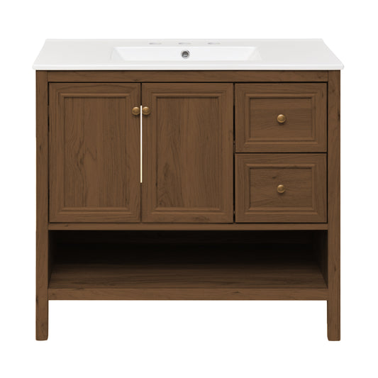 Swiss Madison, Chateau 36" Freestanding Bathroom Vanity in Brown Oak with 3-Hole Widespread Sink Top