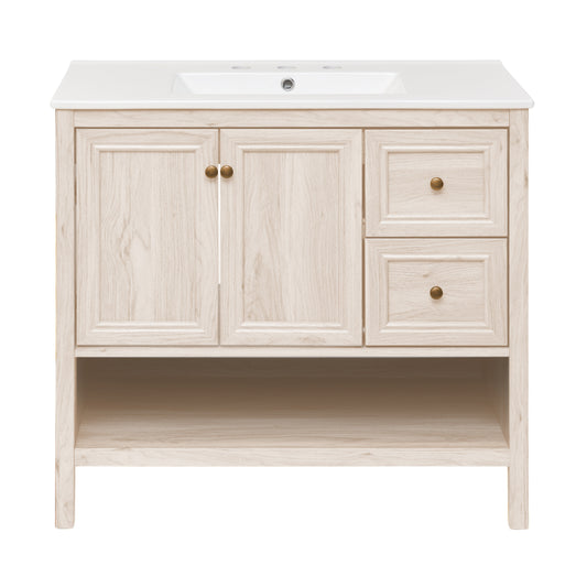 Swiss Madison, Chateau 36" Freestanding Bathroom Vanity in White Oak with 3-Hole Widespread Sink Top