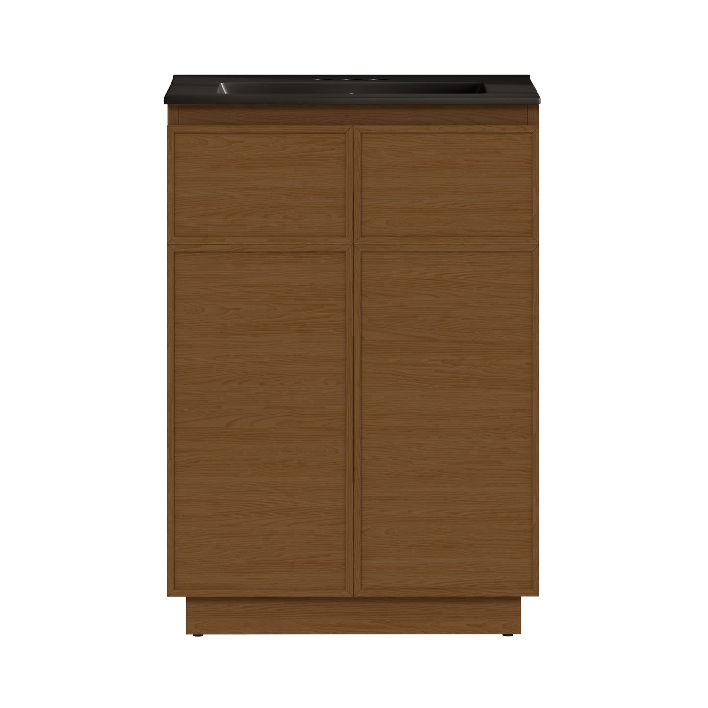 Swiss Madison, St. Tropez 24" Freestanding Bathroom Vanity in Brown Oak with Black 3-Hole Centerset Sink Top