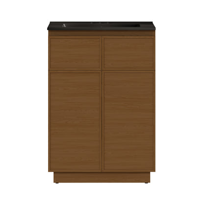 Swiss Madison, St. Tropez 24" Freestanding Bathroom Vanity in Brown Oak with Black 3-Hole Centerset Sink Top