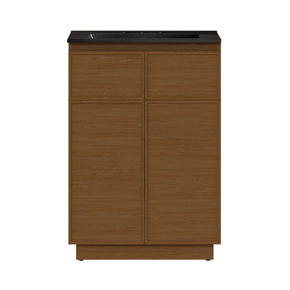 Swiss Madison, St. Tropez 24" Freestanding Bathroom Vanity in Brown Oak with Black 3-Hole Widespread Sink Top