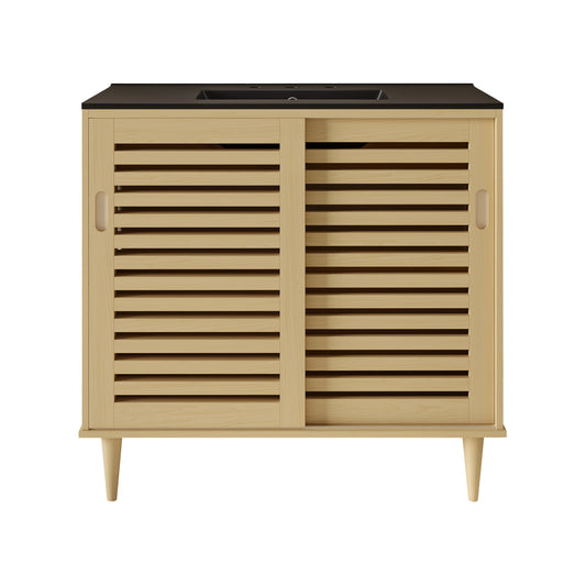 Swiss Madison, Delice 36" Freestanding Bathroom Vanity in Natural Oak with Black 3-Hole Widespread Sink Top