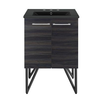 Swiss Madison, Annecy 24 in. Black Walnut Bathroom Vanity With Black, 3-Hole Ceramic Sink Top