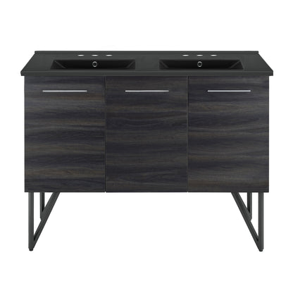 Swiss Madison, Annecy 48 in. Black Walnut, Double Basin Bathroom Vanity With Black, 3-Hole Ceramic Sink Top