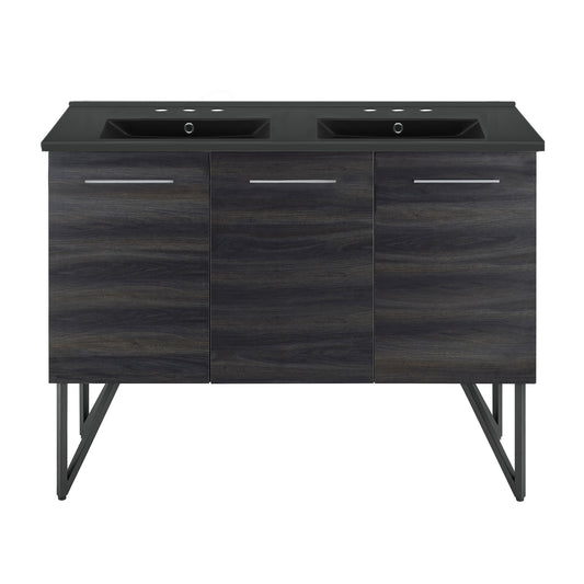 Swiss Madison, Annecy 48 in. Black Walnut, Double Basin Bathroom Vanity With Black, 3-Hole Ceramic Sink Top