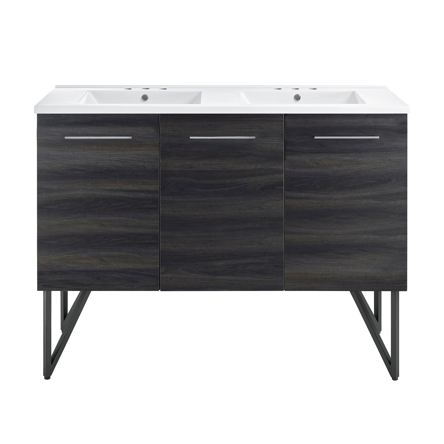 Swiss Madison, Annecy 48 in. Black Walnut, Double Basin Bathroom Vanity With White, 3-Hole Ceramic Sink Top