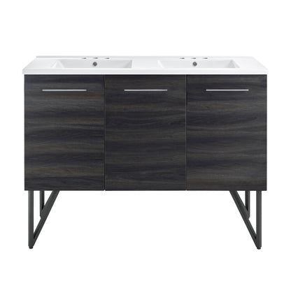 Swiss Madison, Annecy 48 in. Black Walnut, Double Basin Bathroom Vanity With White, 3-Hole Ceramic Sink Top