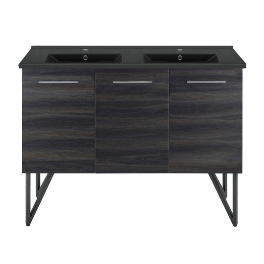 Swiss Madison, Annecy 48 in. Black Walnut, Double Basin Bathroom Vanity With Black Ceramic Sink Top