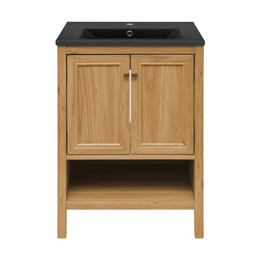 Swiss Madison, Chateau 24" Freestanding Bathroom Vanity in Golden Oak with Black Sink Top