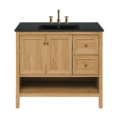 Swiss Madison, Chateau 36" Freestanding Bathroom Vanity in Golden Oak with Black 3-Hole Widespread Sink Top