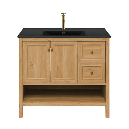 Swiss Madison, Chateau 36" Freestanding Bathroom Vanity in Golden Oak with Black Sink Top