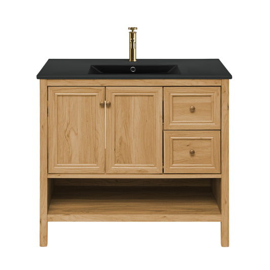 Swiss Madison, Chateau 36" Freestanding Bathroom Vanity in Golden Oak with Black Sink Top