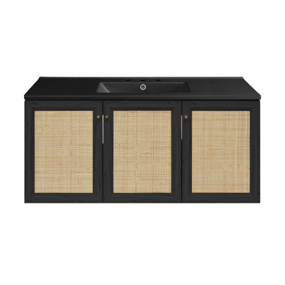 Swiss Madison, Classe 48" Wall-Mounted Bathroom Vanity in Black Oak with Black 3-Hole Widespread Sink Top