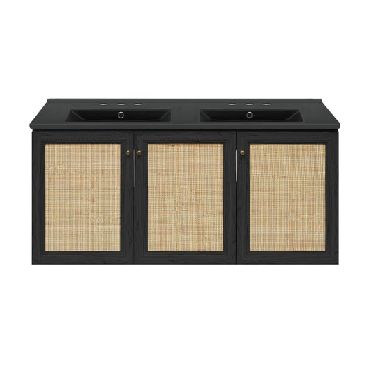 Swiss Madison, Classe 48" Wall-Mounted Bathroom Vanity in Black Oak with Black 3-Hole Widespread Double Basin Sink Top