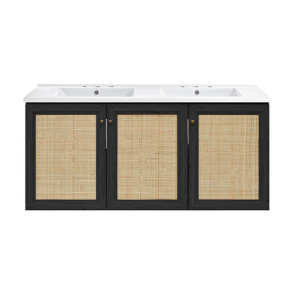 Swiss Madison, Classe 48" Wall-Mounted Bathroom Vanity in Black Oak with 3-Hole Widespread Double Basin Sink Top