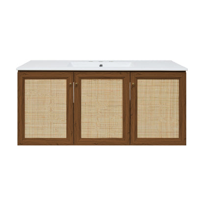 Swiss Madison, Classe 48" Wall-Mounted Bathroom Vanity in Brown Oak with 3-Hole Widespread Sink Top
