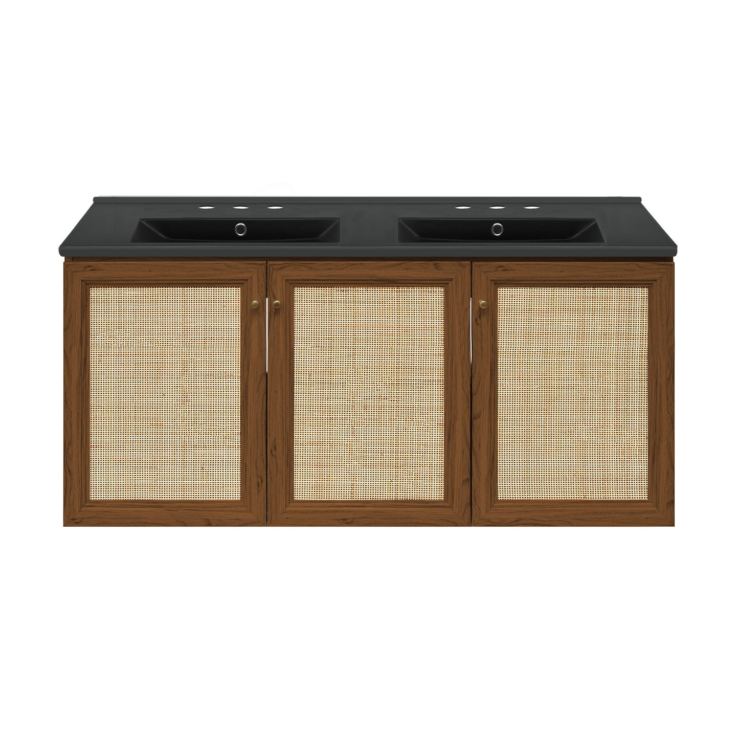 Swiss Madison, Classe 48" Wall-Mounted Bathroom Vanity in Brown Oak with Black 3-Hole Widespread Double Basin Sink Top