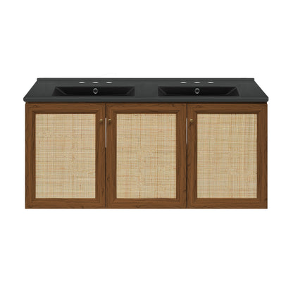 Swiss Madison, Classe 48" Wall-Mounted Bathroom Vanity in Brown Oak with Black 3-Hole Widespread Double Basin Sink Top