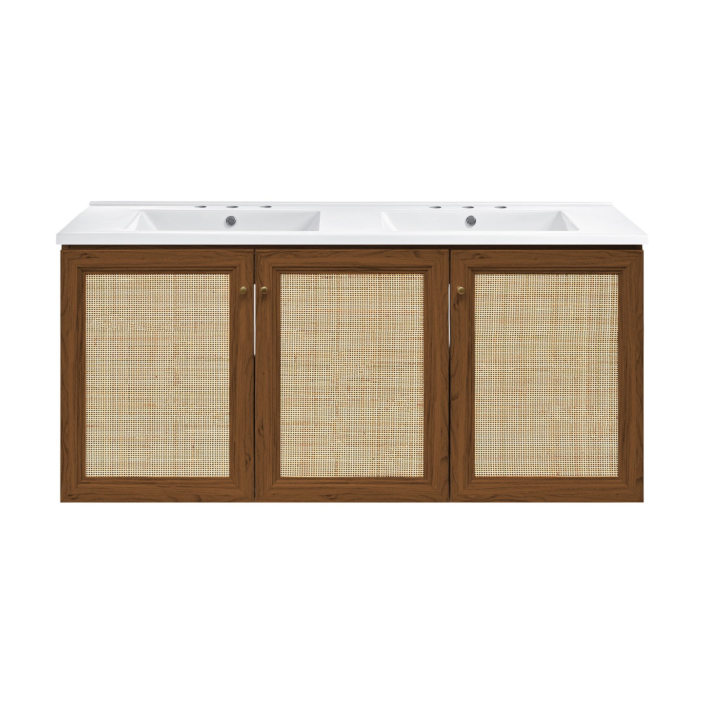 Swiss Madison, Classe 48" Wall-Mounted Bathroom Vanity in Brown Oak with 3-Hole Widespread Double Basin Sink Top