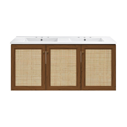 Swiss Madison, Classe 48" Wall-Mounted Bathroom Vanity in Brown Oak with 3-Hole Widespread Double Basin Sink Top