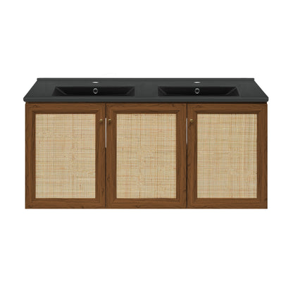 Swiss Madison, Classe 48" Wall-Mounted Bathroom Vanity in Brown Oak with Black Double Basin Sink Top