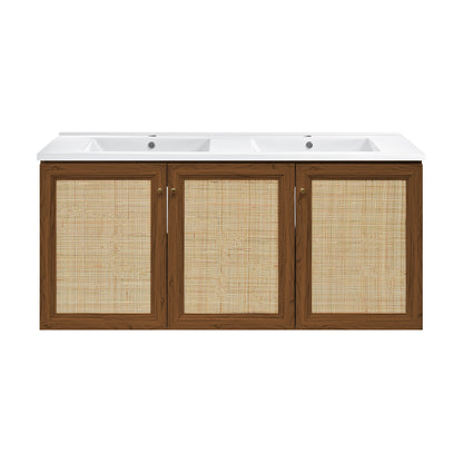 Swiss Madison, Classe 48" Wall-Mounted Bathroom Vanity in Brown Oak with Double Basin Sink Top