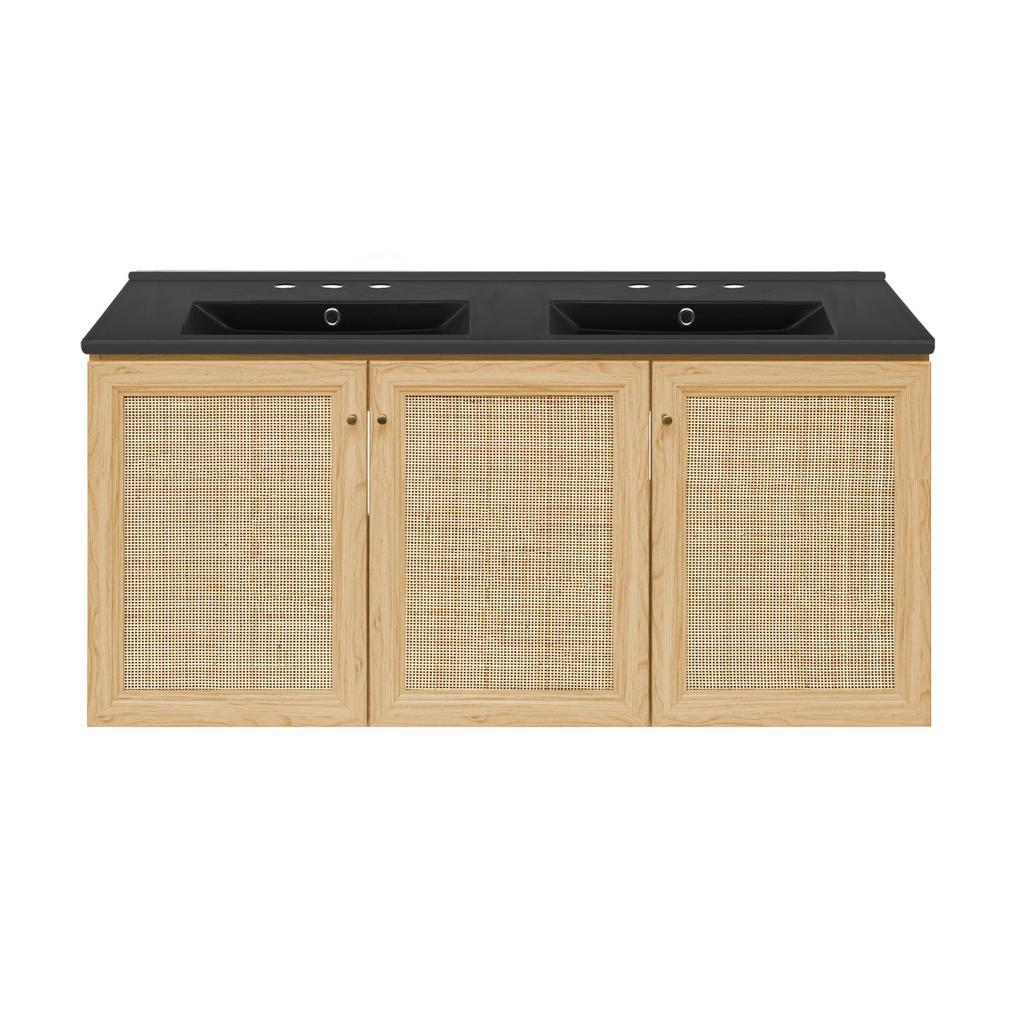 Swiss Madison, Classe 48" Wall-Mounted Bathroom Vanity in Natural Oak with Black 3-Hole Widespread Double Basin Sink Top