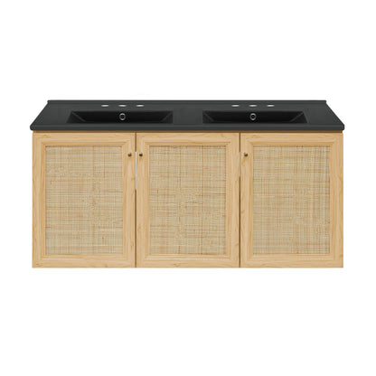 Swiss Madison, Classe 48" Wall-Mounted Bathroom Vanity in Natural Oak with Black 3-Hole Widespread Double Basin Sink Top
