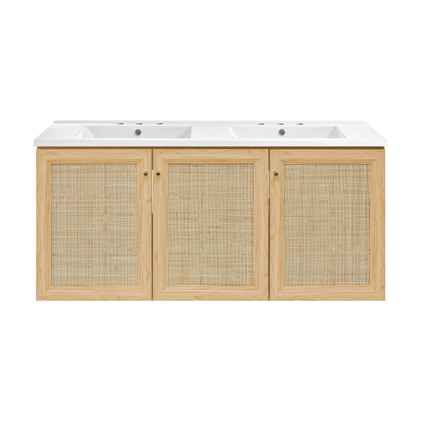 Swiss Madison, Classe 48" Wall-Mounted Bathroom Vanity in Natural Oak with 3-Hole Widespread Double Basin Sink Top