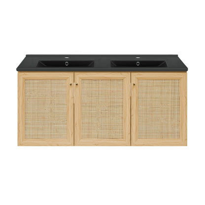 Swiss Madison, Classe 48" Wall-Mounted Bathroom Vanity in Natural Oak with Black Double Basin Sink Top