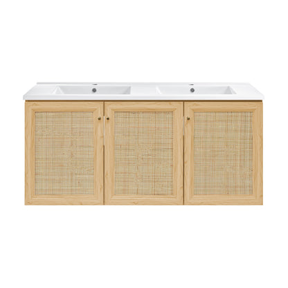 Swiss Madison, Classe 48" Wall-Mounted Bathroom Vanity in Natural Oak with Double Basin Sink Top