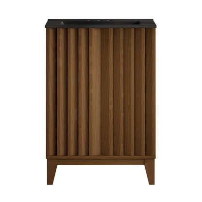 Swiss Madison, Troyes 24" Freestanding Bathroom Vanity in Brown Oak with Black 3-Hole Centerset Sink Top