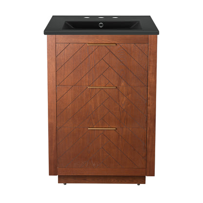 Swiss Madison, Daxton 24" Freestanding Bathroom Vanity in Brown Oak with Black 3-Hole Centerset Sink Top