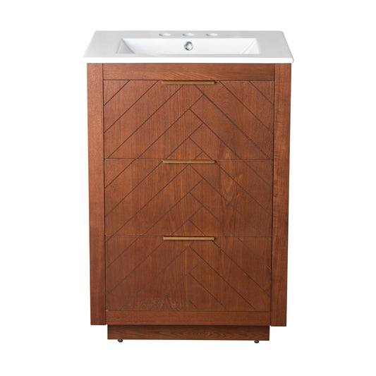 Swiss Madison, Daxton 24" Freestanding Bathroom Vanity in Brown Oak with 3-Hole Centerset Sink Top