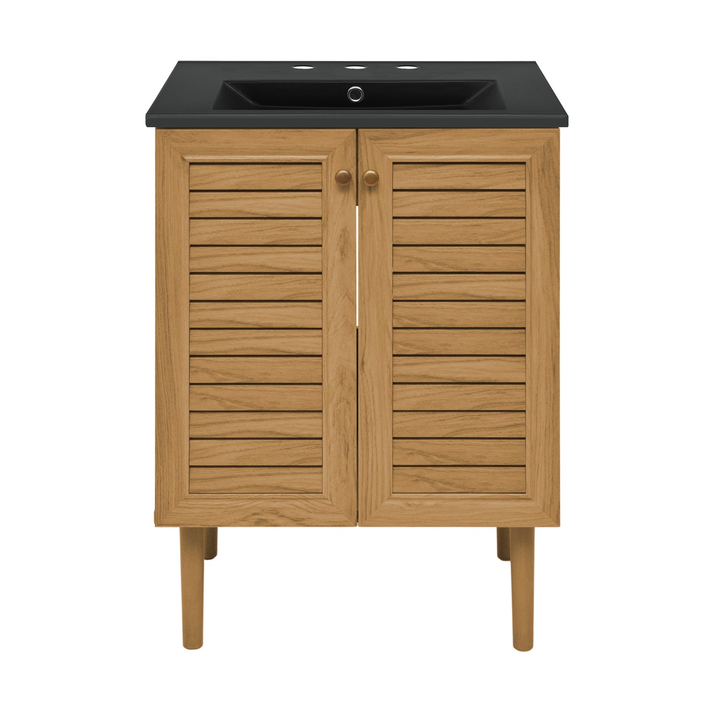 Swiss Madison, Bron 24" Freestanding Bathroom Vanity in Golden Oak with Black 3-Hole Centerset Sink Top