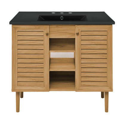 Swiss Madison, Bron 36" Freestanding Bathroom Vanity in Golden Oak with Black 3-Hole Widespread Sink Top