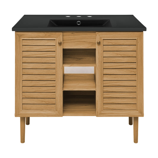 Swiss Madison, Bron 36" Freestanding Bathroom Vanity in Golden Oak with Black 3-Hole Widespread Sink Top