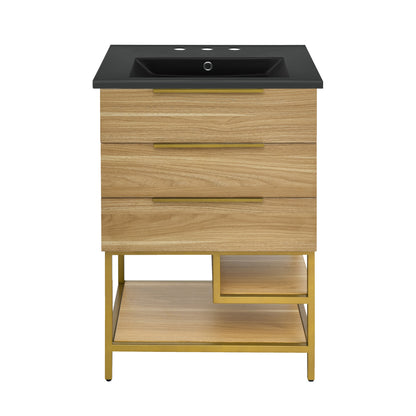 Swiss Madison, Carre 24 in. White Oak Bathroom Vanity With Black, 3-Hole Ceramic Sink Top
