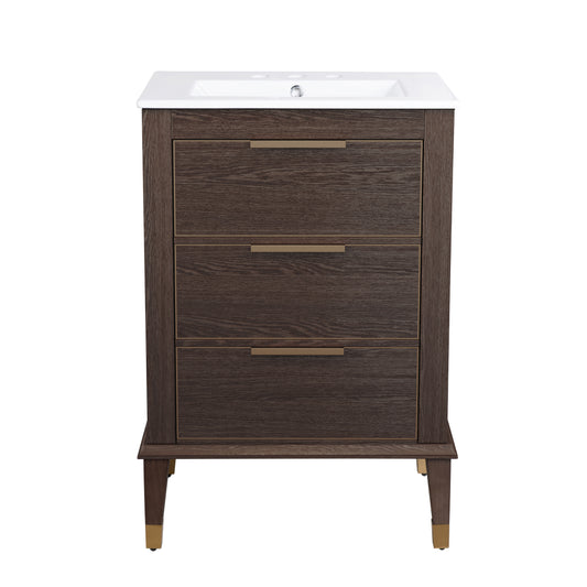 Swiss Madison, Hugo 24 in. Brown Oak Bathroom Vanity With White, 3-Hole Ceramic Sink Top
