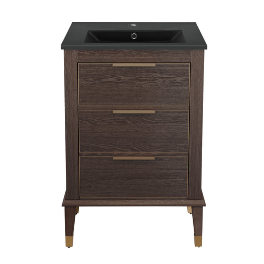 Swiss Madison, Hugo 24 in. Brown Oak Bathroom Vanity With Black Ceramic Sink Top