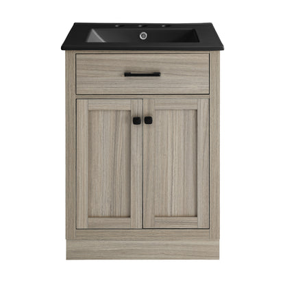 Swiss Madison, Burdon 24 in. Brown Oak Bathroom Vanity With Black, 3-Hole Ceramic Sink Top