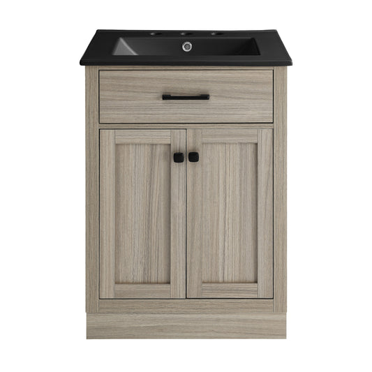 Swiss Madison, Burdon 24 in. Brown Oak Bathroom Vanity With Black, 3-Hole Ceramic Sink Top