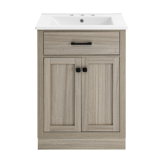 Swiss Madison, Burdon 24 in. Brown Oak Bathroom Vanity With White, 3-Hole Ceramic Sink Top